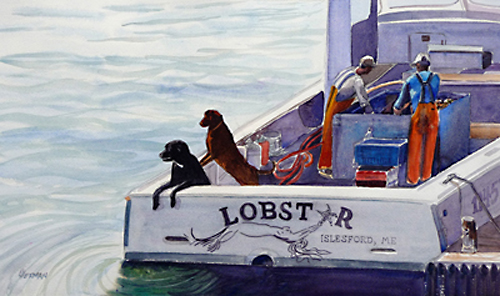 lorrie herman watercolor waterscape Lobstar Dogs